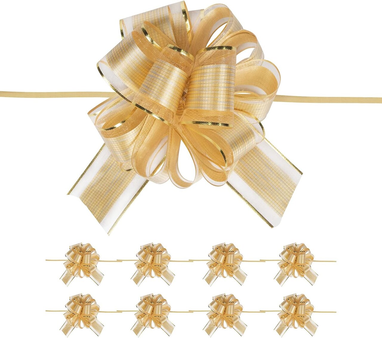 10 PCS Large Pull Bow Gift Wrapping Bows, Pull Bow with Ribbon for Wedding Gift Baskets, Party Gift Wrap Bows, Presents Decorating Bows (Gold)